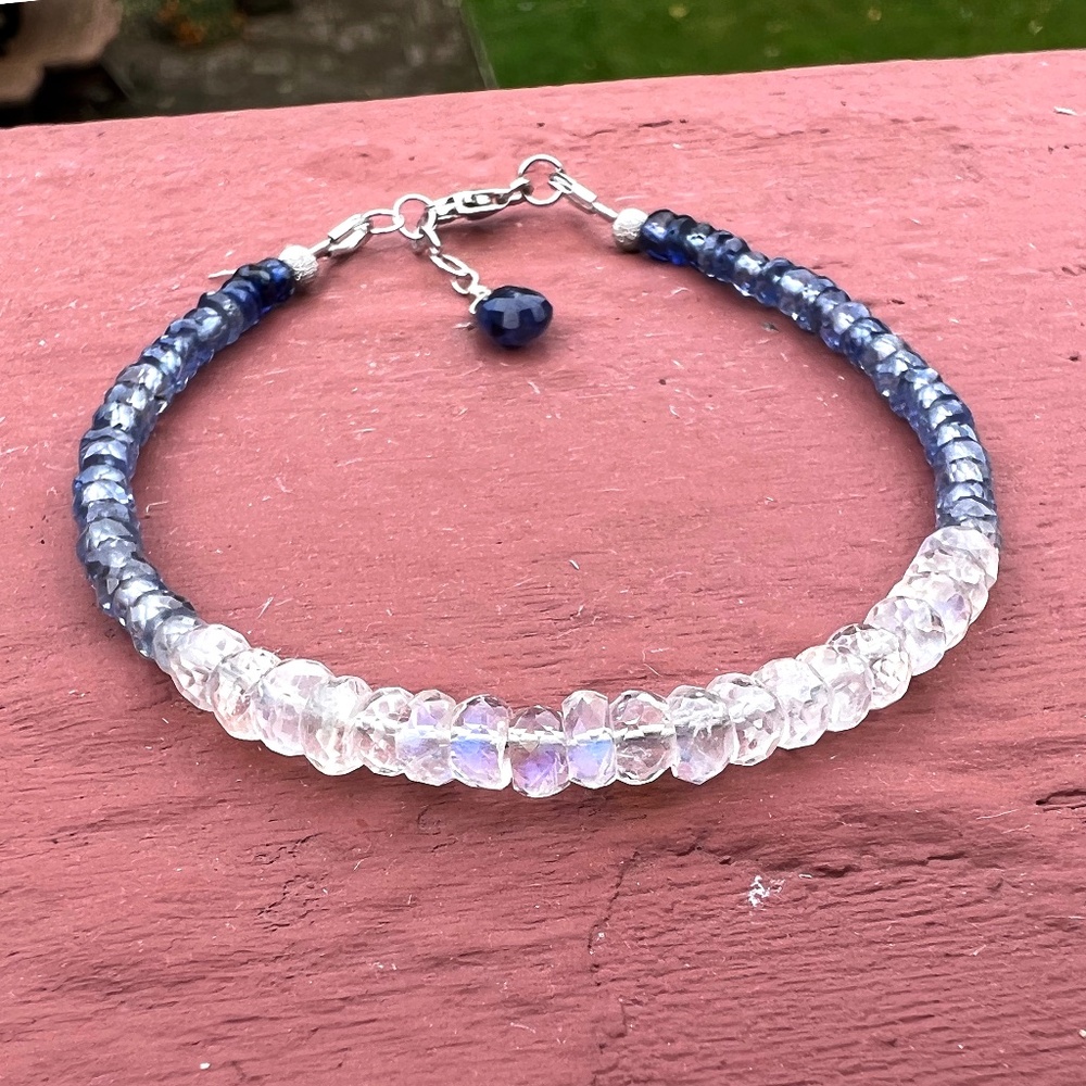 Solid 14K White Gold Natural Blue Sapphire, Moonstone Bracelet 7" - 7 2/3"